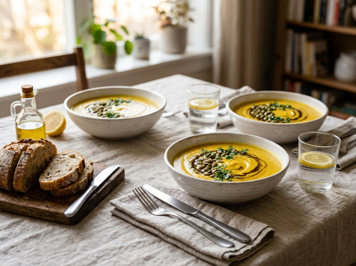 Two bowls of roasted garlic cauliflower soup served with sliced sourdough bread and a drizzle of olive oil