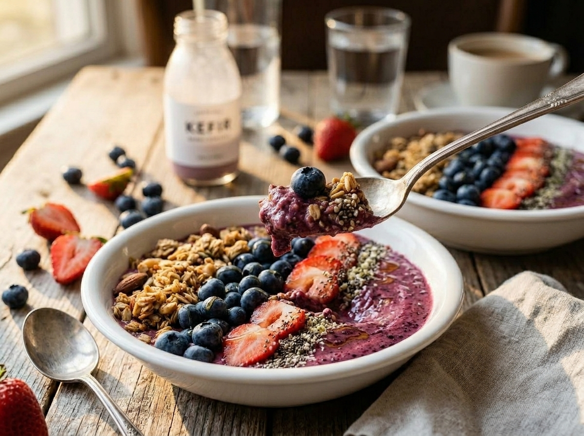 Two kefir berry smoothie bowls on a wooden breakfast table with linen napkins and a bottle of kefir