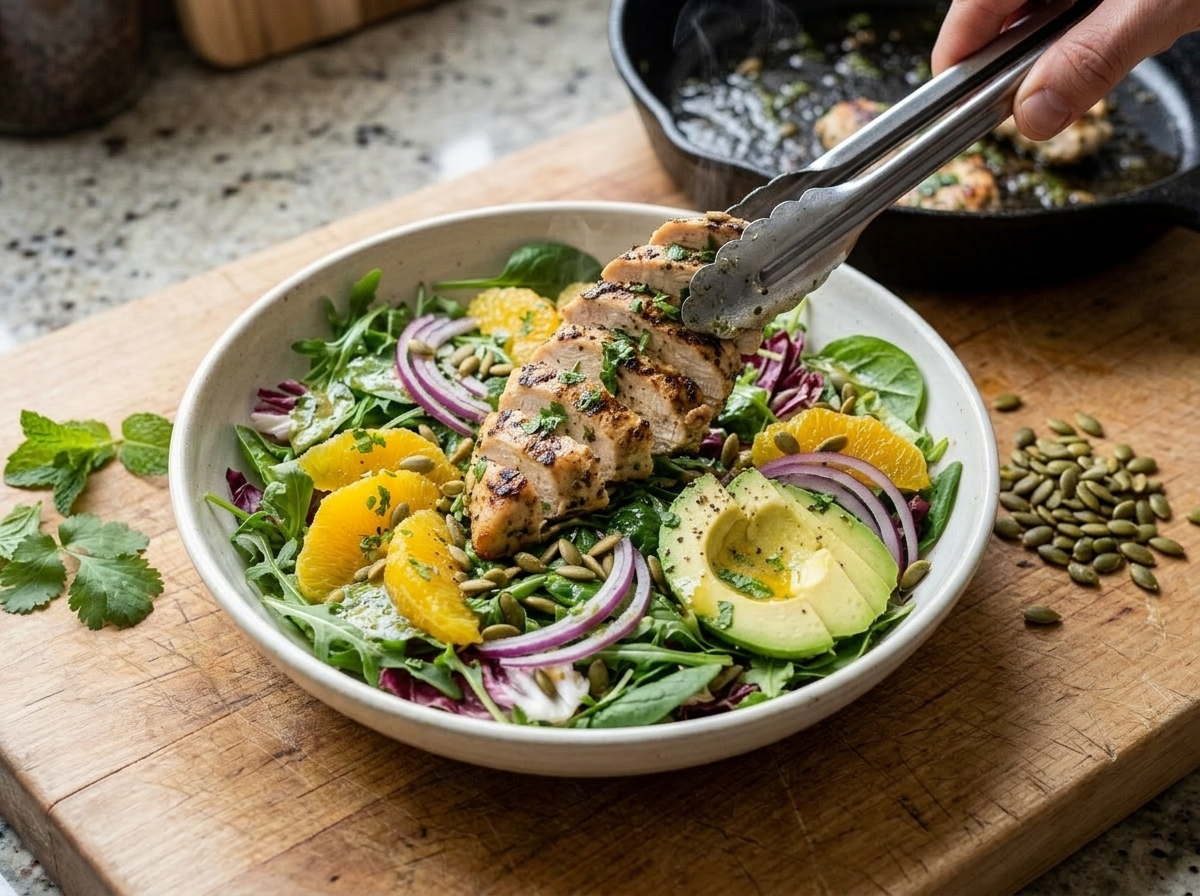 Sliced herb-marinated chicken with golden sear being placed over mixed greens and orange segments in a salad bowl.