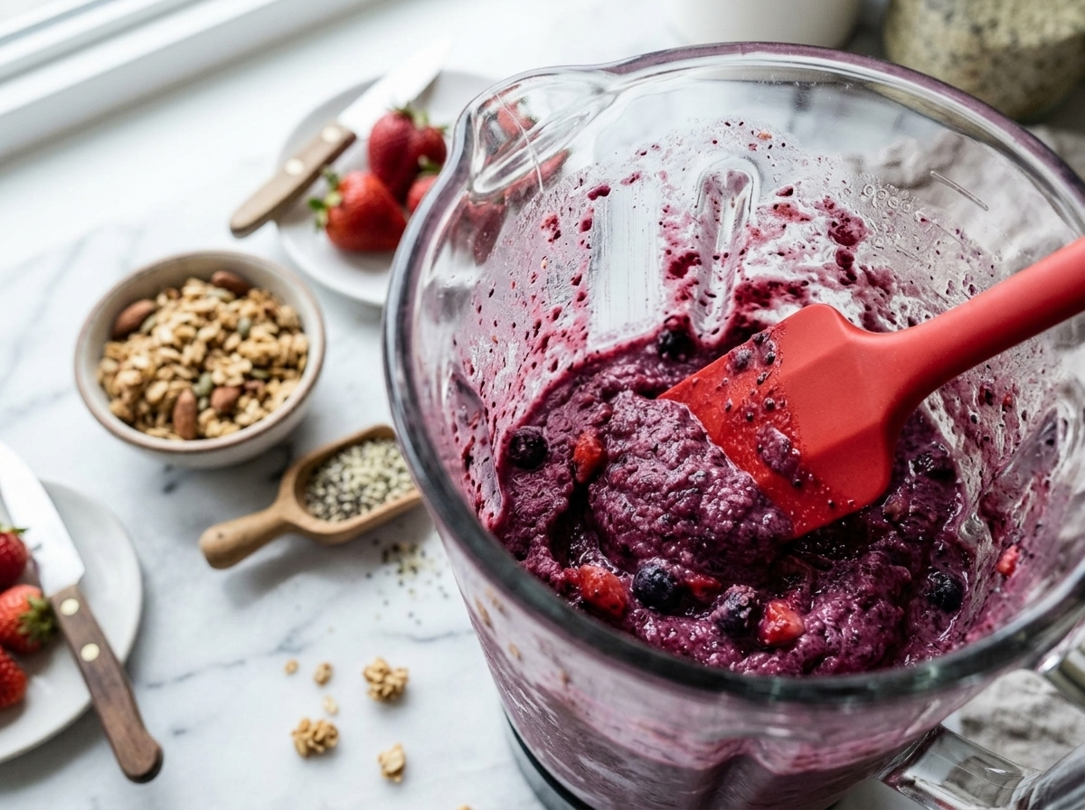 Thick frozen berry and kefir blend being scraped inside a blender jar with a rubber spatula