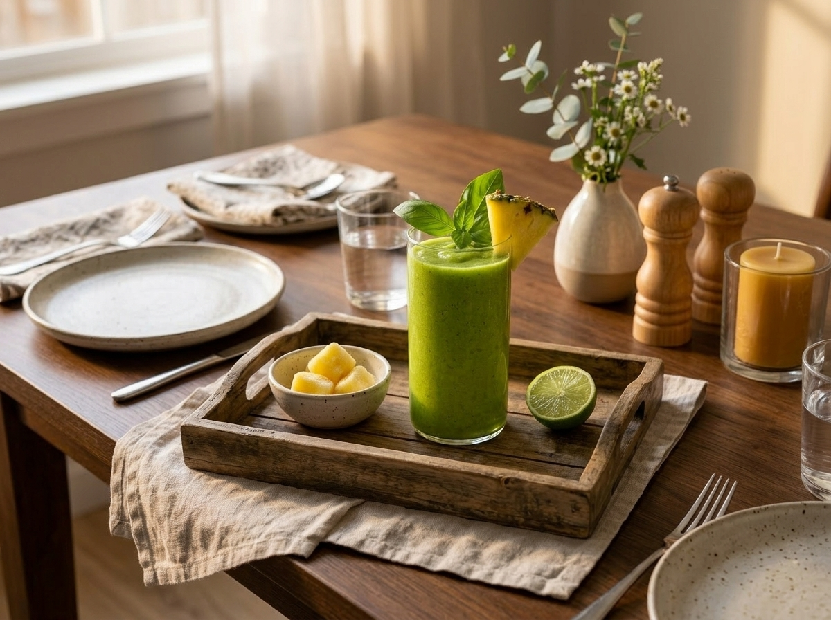 Single glass of pineapple basil green smoothie on wooden tray with basil sprig and lime halves alongside