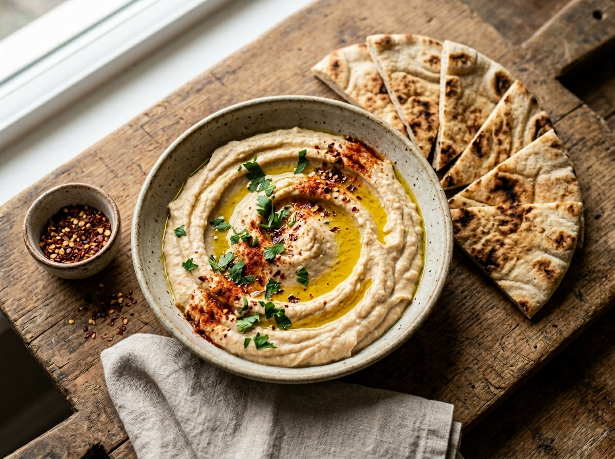 Spicy white bean dip in a ceramic bowl with olive oil drizzle, smoked paprika, parsley, and warm pita wedges on a wooden board