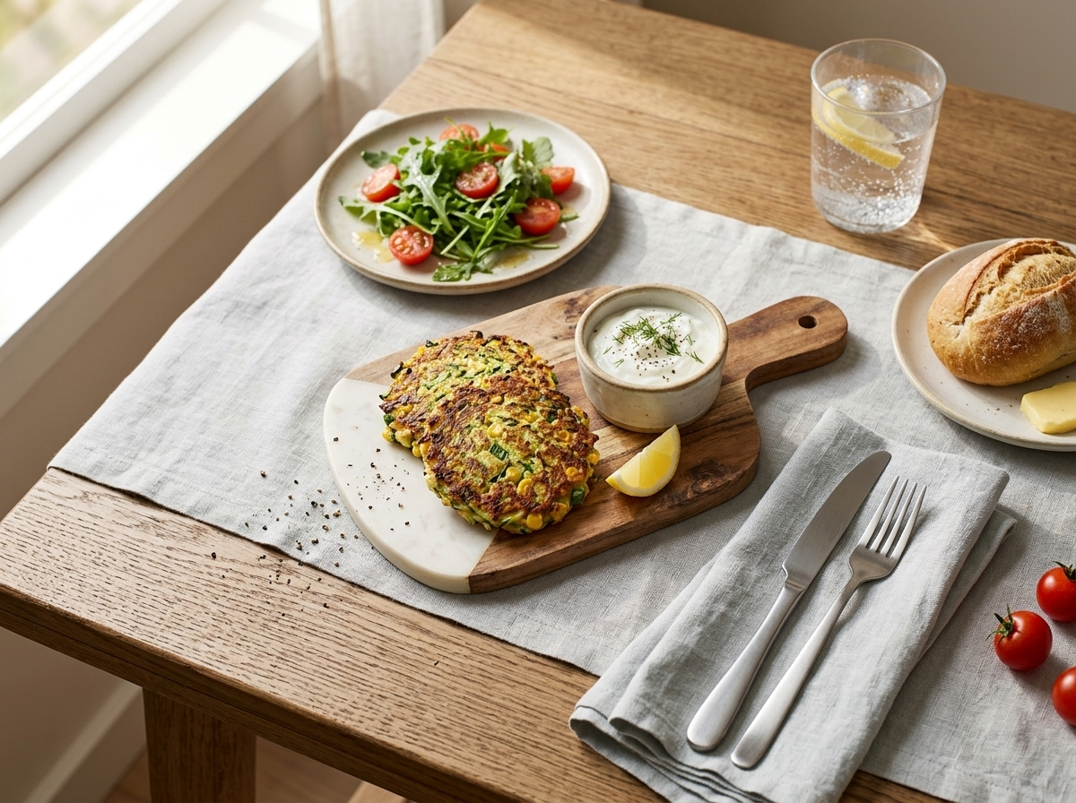 Almond flour veggie fritters on a wooden board beside arugula salad and dipping sauce in natural light