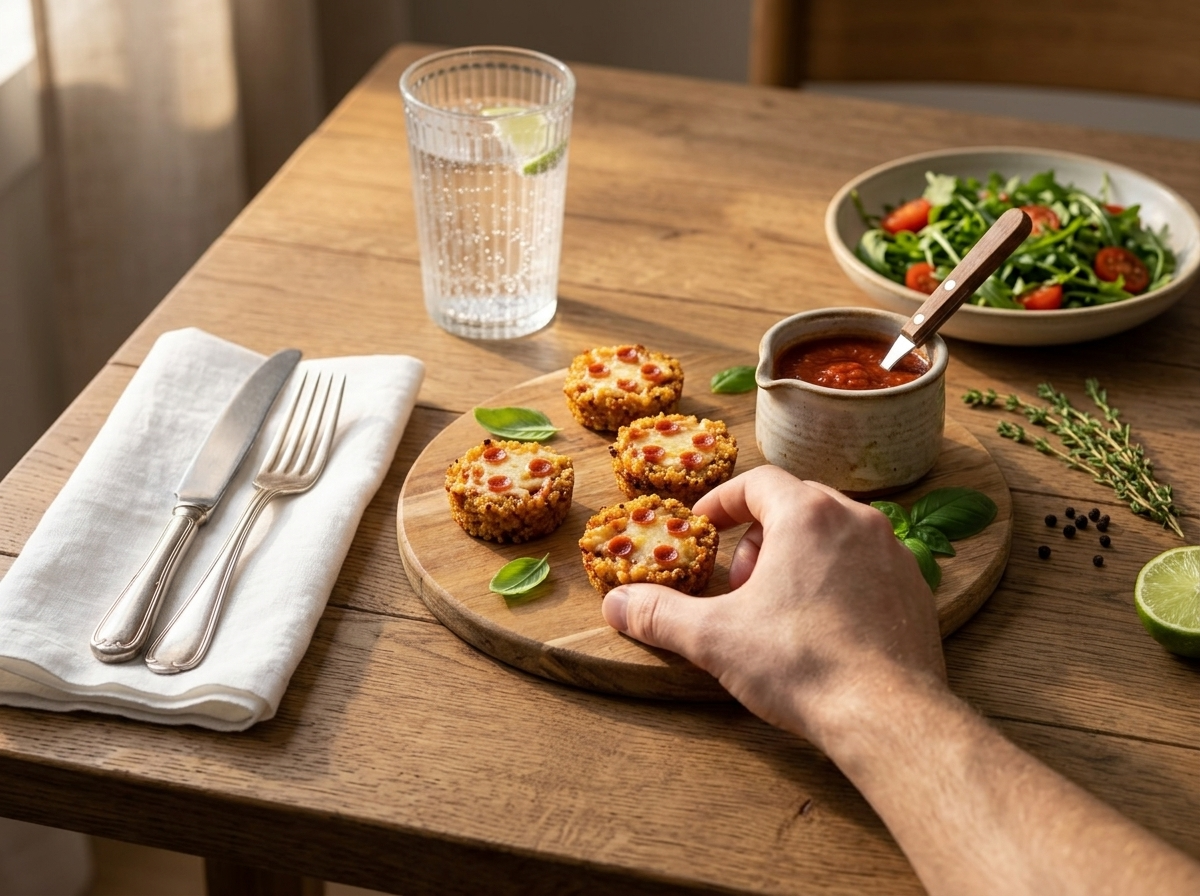Hand picking up a crispy quinoa pizza bite from a wooden board with marinara sauce on the side