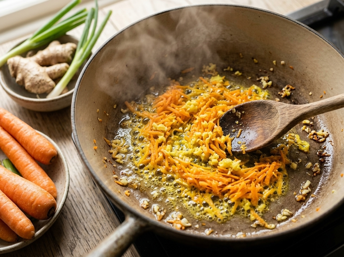 Grated carrot and fresh ginger sizzling in coconut oil in a saucepan, early stage of ginger carrot coconut rice