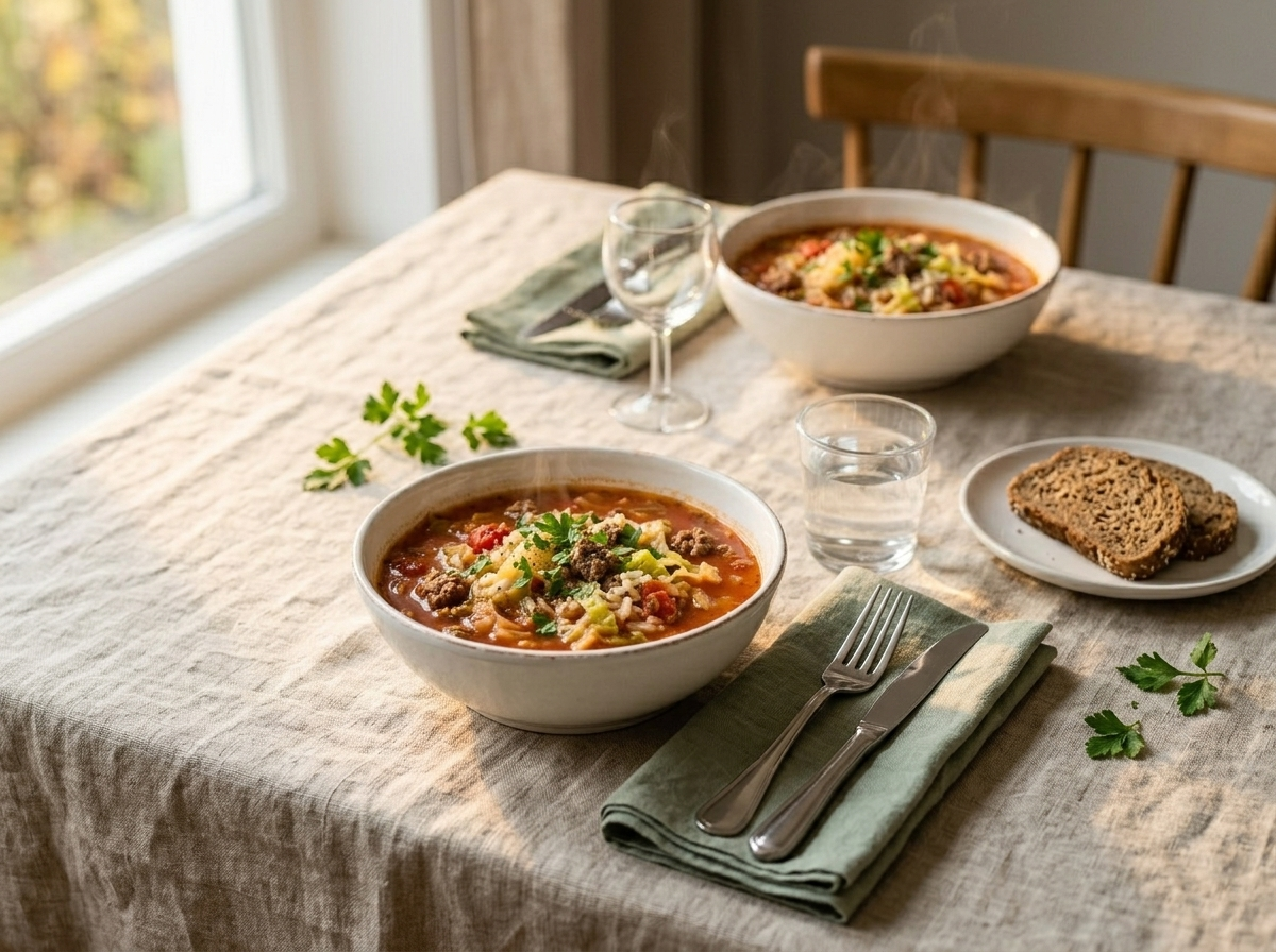 Two bowls of low-calorie stuffed cabbage soup on a linen table with rye bread and fresh parsley garnish