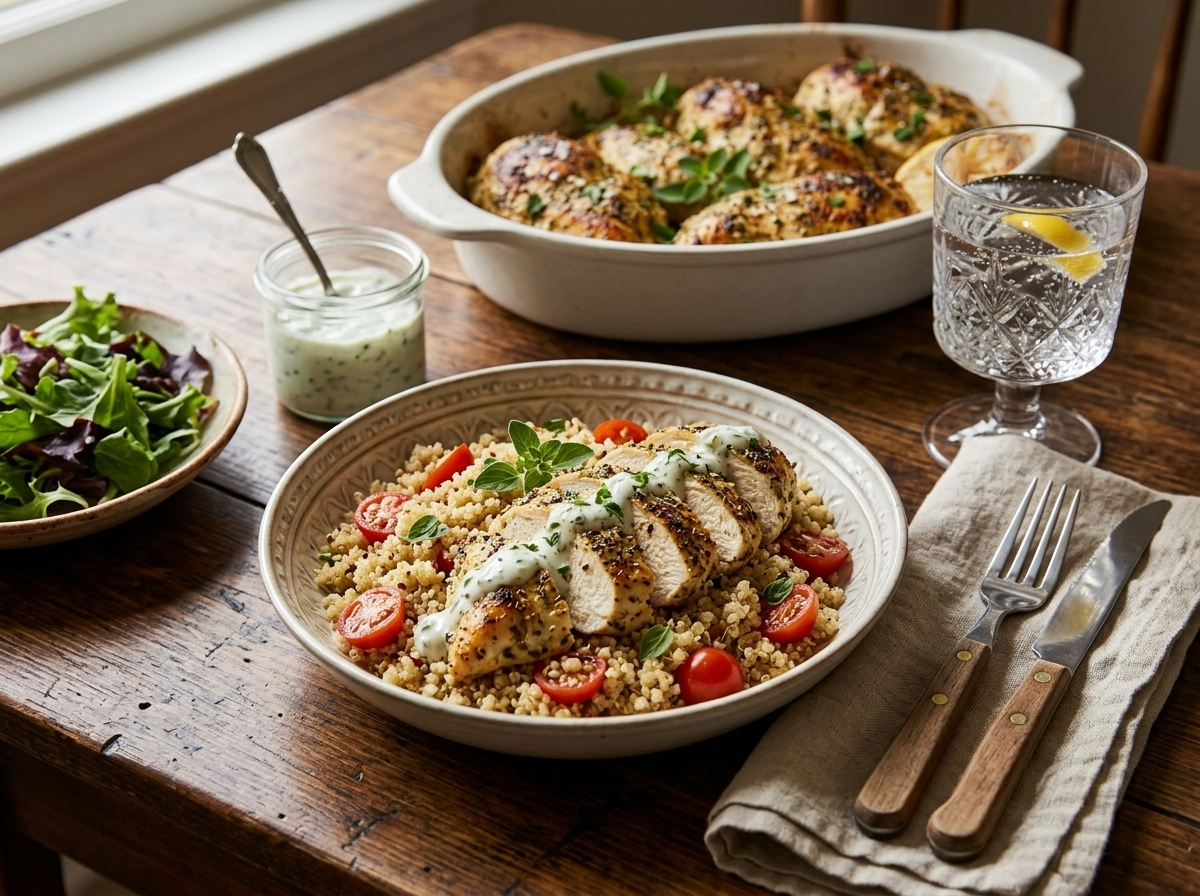 Sliced high-protein Greek yogurt chicken over quinoa and cherry tomatoes with tzatziki on a wooden table