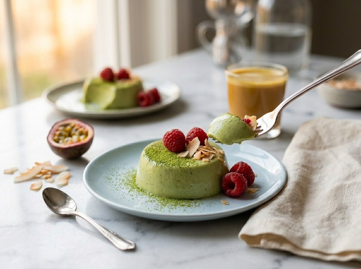 Single unmolded matcha coconut panna cotta on a blue ceramic plate with passion fruit and coconut flakes