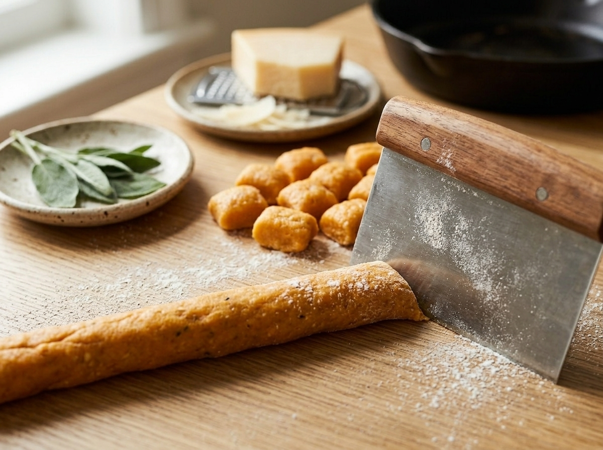 Cutting sweet potato gnocchi dough ropes into pieces with a bench scraper on a floured wooden board