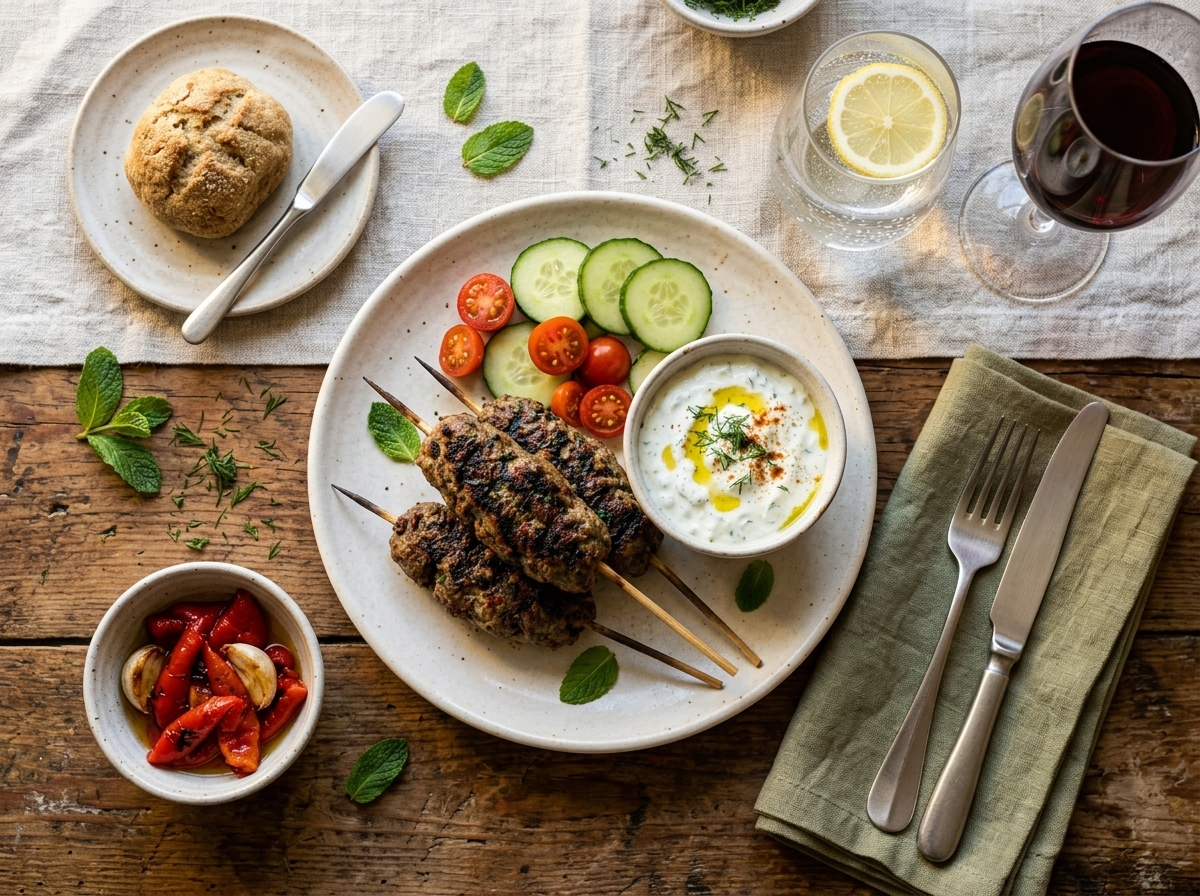 Rustic board with grilled lamb kofta, tzatziki in a small jar, fresh herbs, and a linen napkin on wooden table