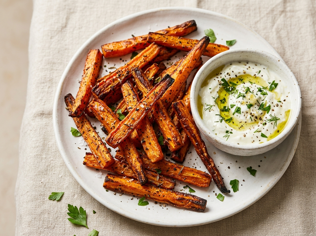 Golden roasted carrot fries on a white plate with a bowl of creamy garlicky yogurt dip and fresh herbs