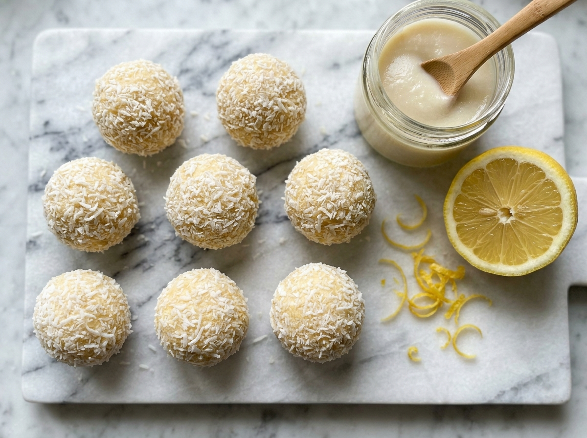 Eight sugar-free lemon coconut fat bombs coated in desiccated coconut on marble, with lemon zest and coconut butter jar