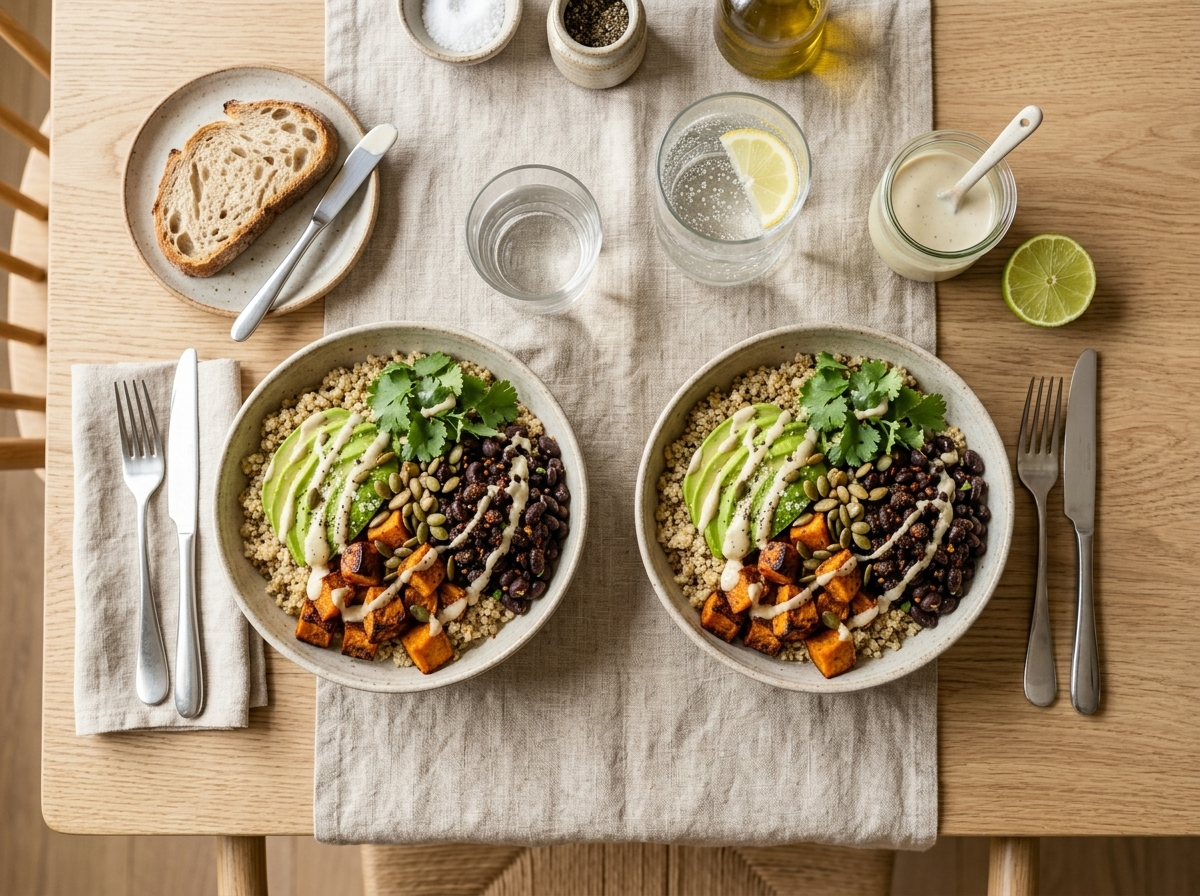 Two assembled sweet potato black bean bowls on a wood table with tahini sauce, lime, and sparkling water alongside