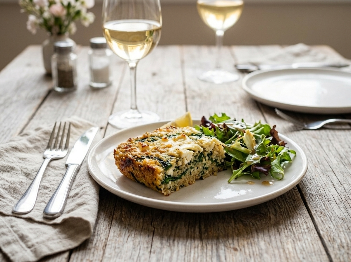 Single slice of spinach feta quinoa bake on a white plate with green salad and a glass of white wine