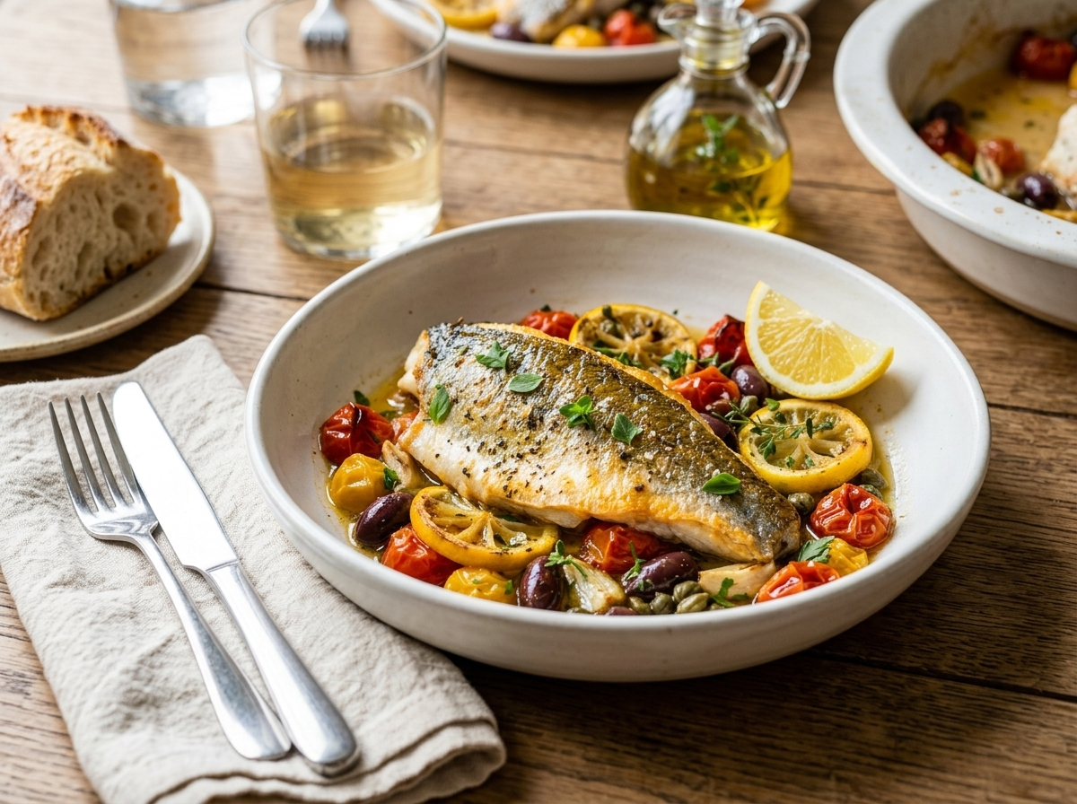Plated Mediterranean sea bass with olive sauce, fresh parsley, and a lemon wedge on a white shallow bowl