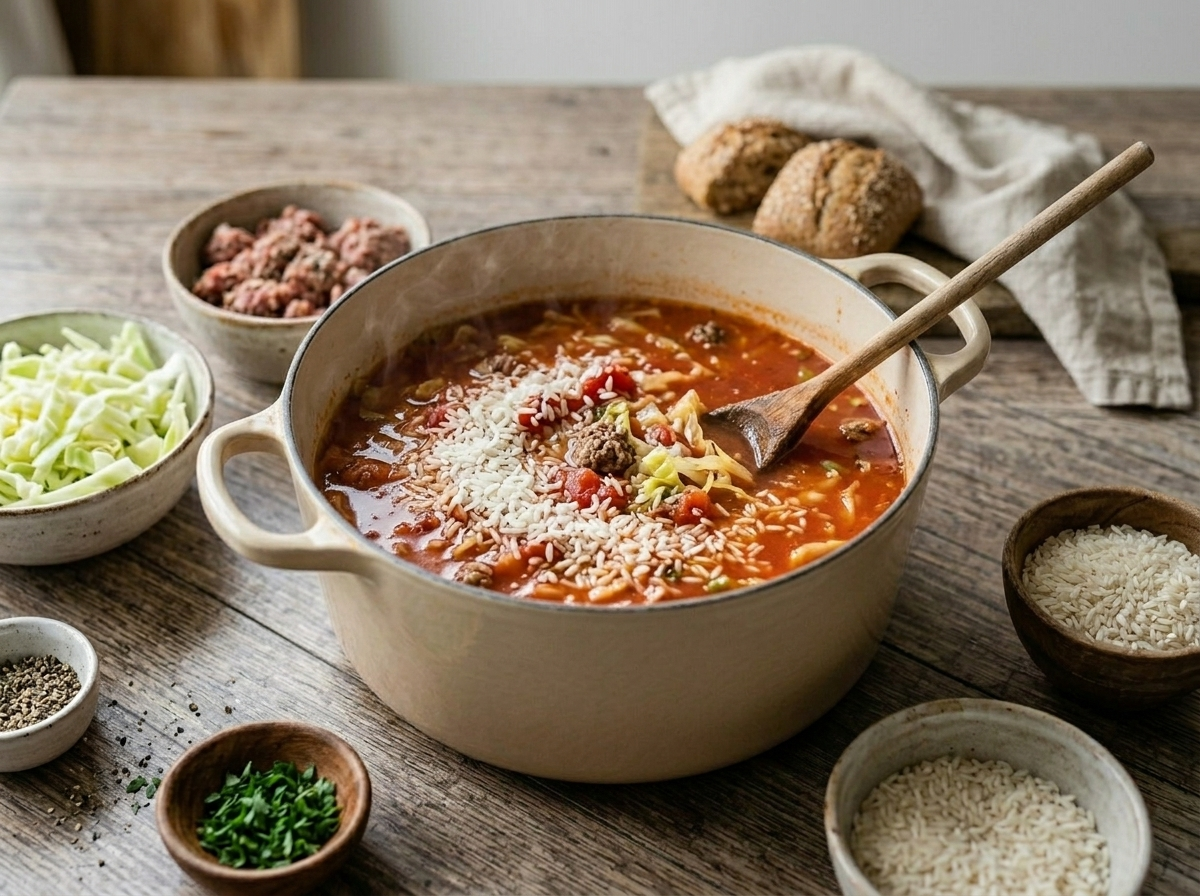 Dutch oven on stovetop with simmering stuffed cabbage soup, cabbage and beef visible with wooden spoon stirring