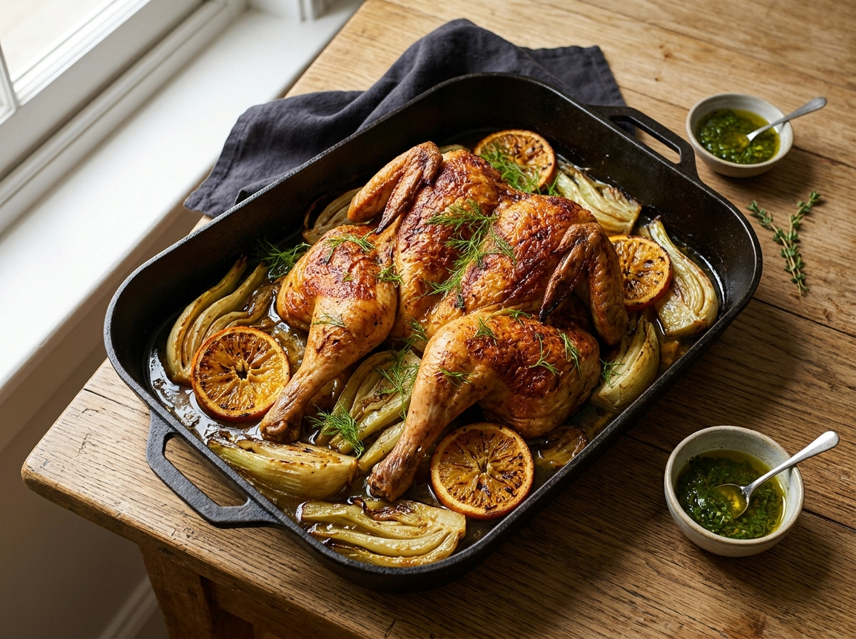 Whole spatchcocked roasted chicken on a bed of caramelized fennel and orange slices in a cast-iron pan