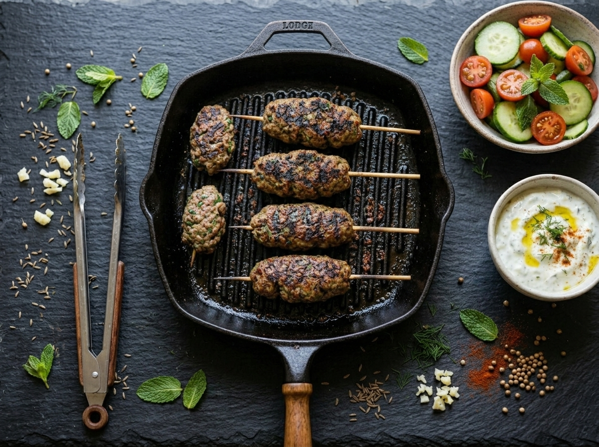 Lamb kofta skewers sizzling on a hot cast iron grill pan with char marks and light smoke rising