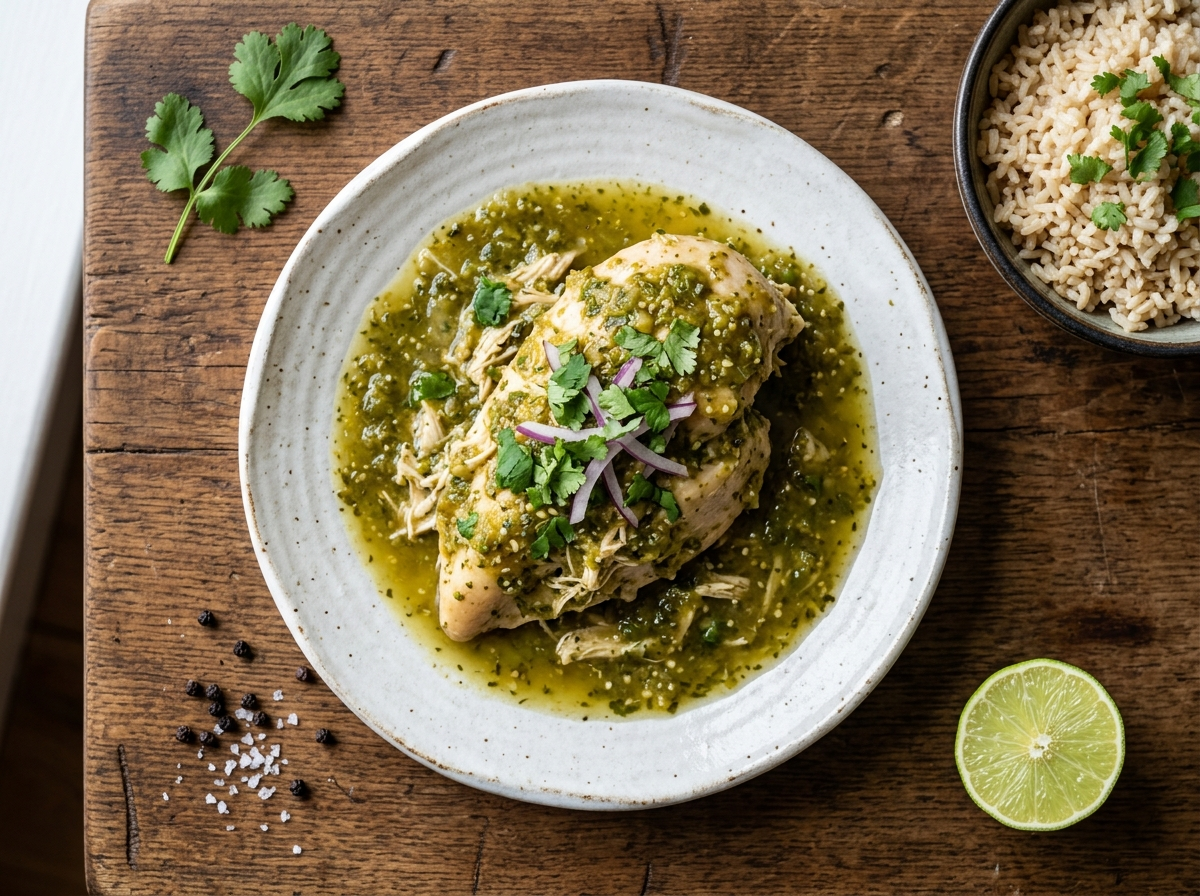 Skinny salsa verde chicken breast on a white plate with tomatillo green sauce, cilantro, and a lime wedge