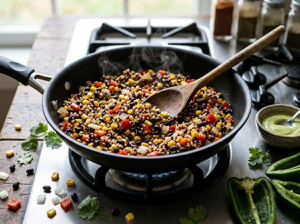 Black bean and quinoa filling with roasted corn being stirred in a nonstick skillet for stuffed poblano peppers