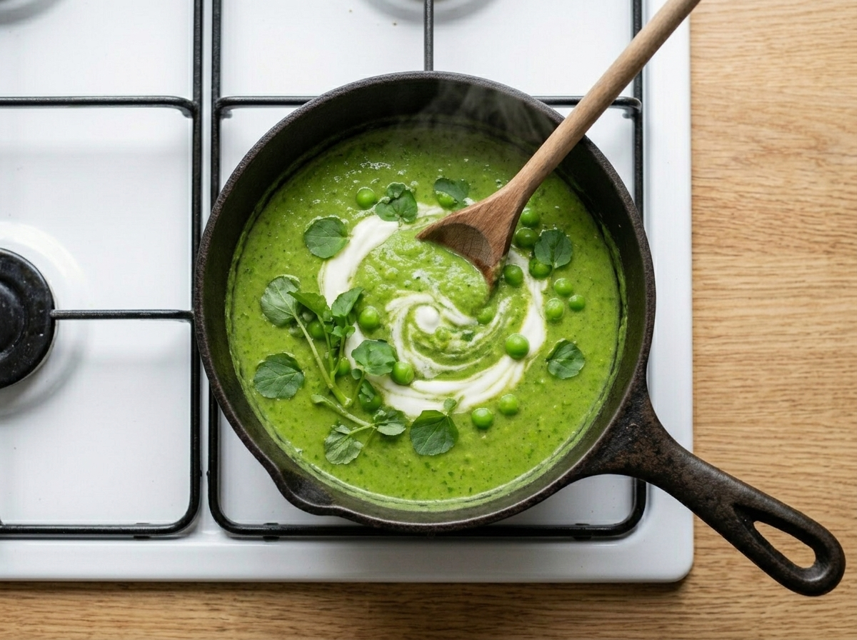 Wooden spoon stirring fresh watercress into hot pea soup in a dark saucepan with steam rising