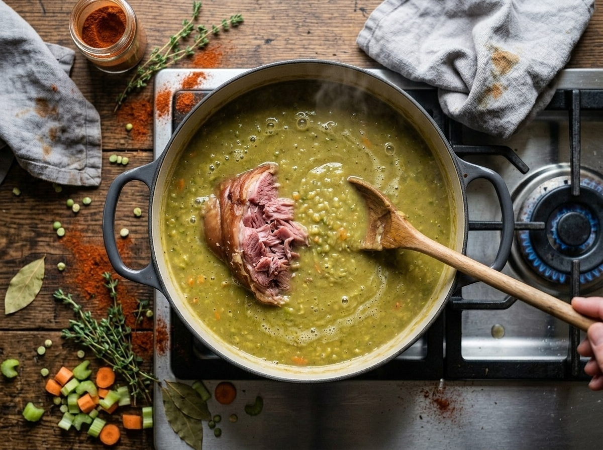 Dutch oven with green split pea soup simmering on stovetop with smoked ham hock and wooden spoon mid-stir
