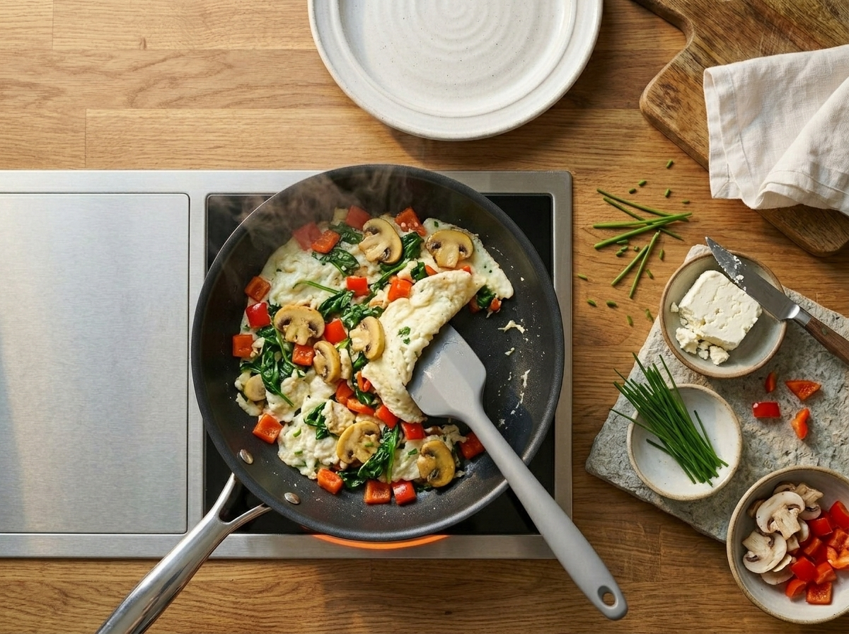 Egg whites being folded over sauteed bell pepper, mushrooms, and spinach in a nonstick skillet on the stovetop