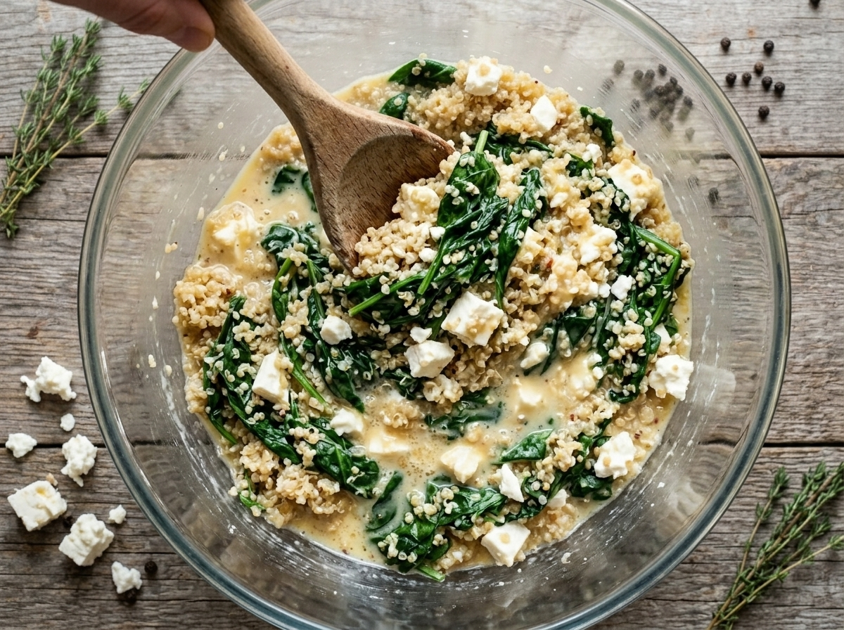 Cooked quinoa being folded with wilted spinach, crumbled feta, and egg mixture in a large mixing bowl
