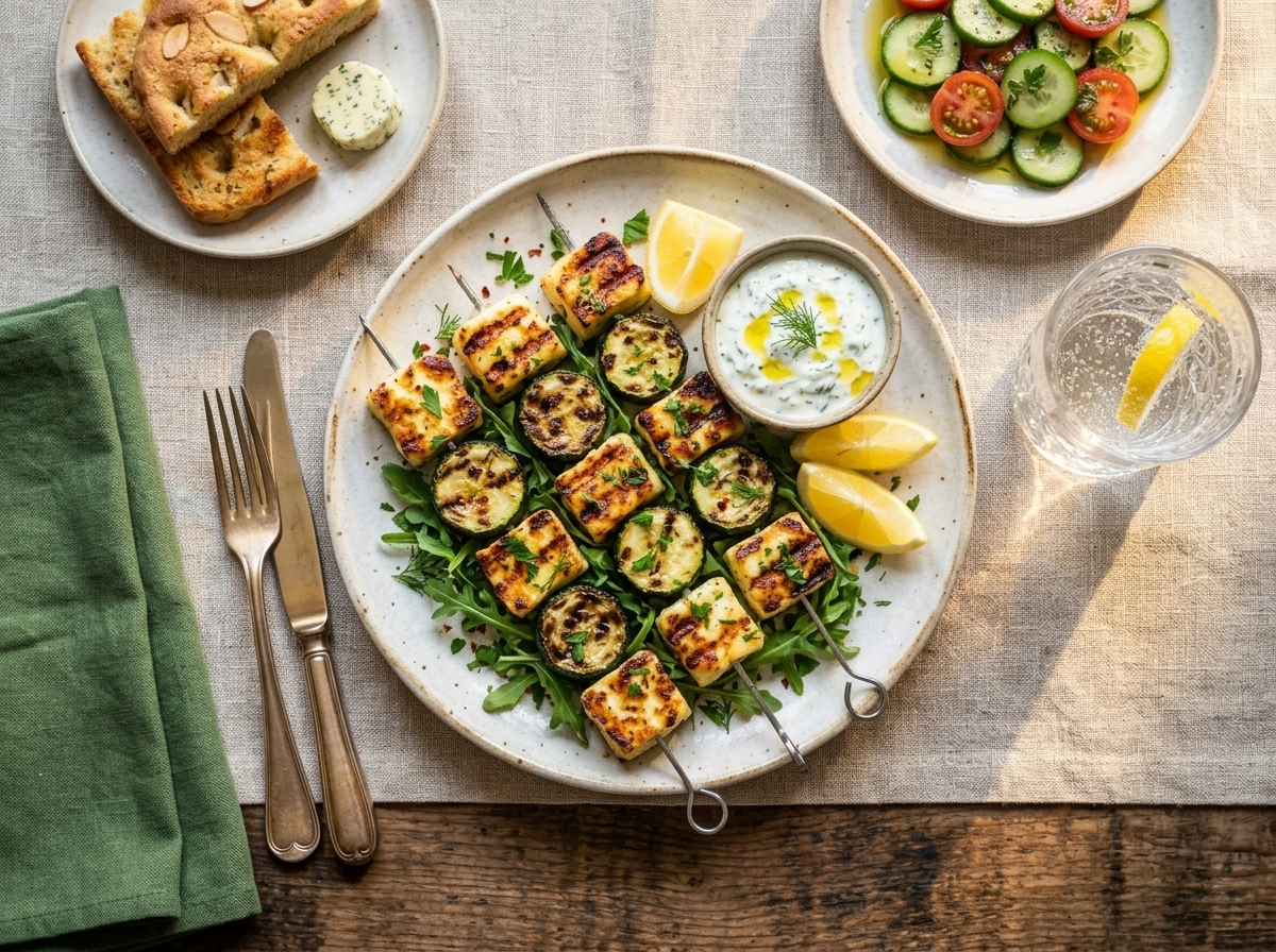 Plated keto halloumi zucchini skewers over arugula salad with lemon wedge on a white oval plate