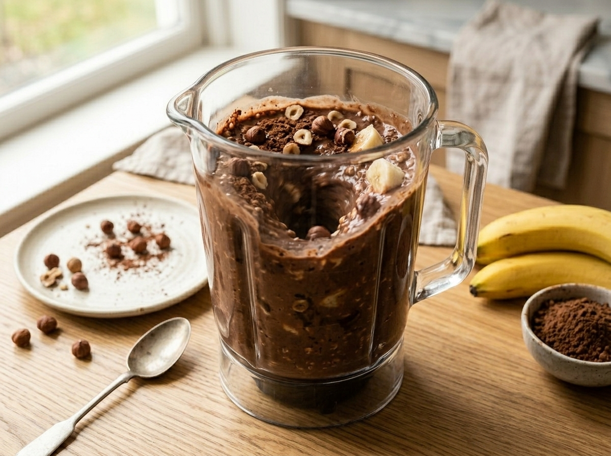 Dark chocolate hazelnut smoothie blending in a high-speed blender with banana chunks and roasted hazelnuts visible