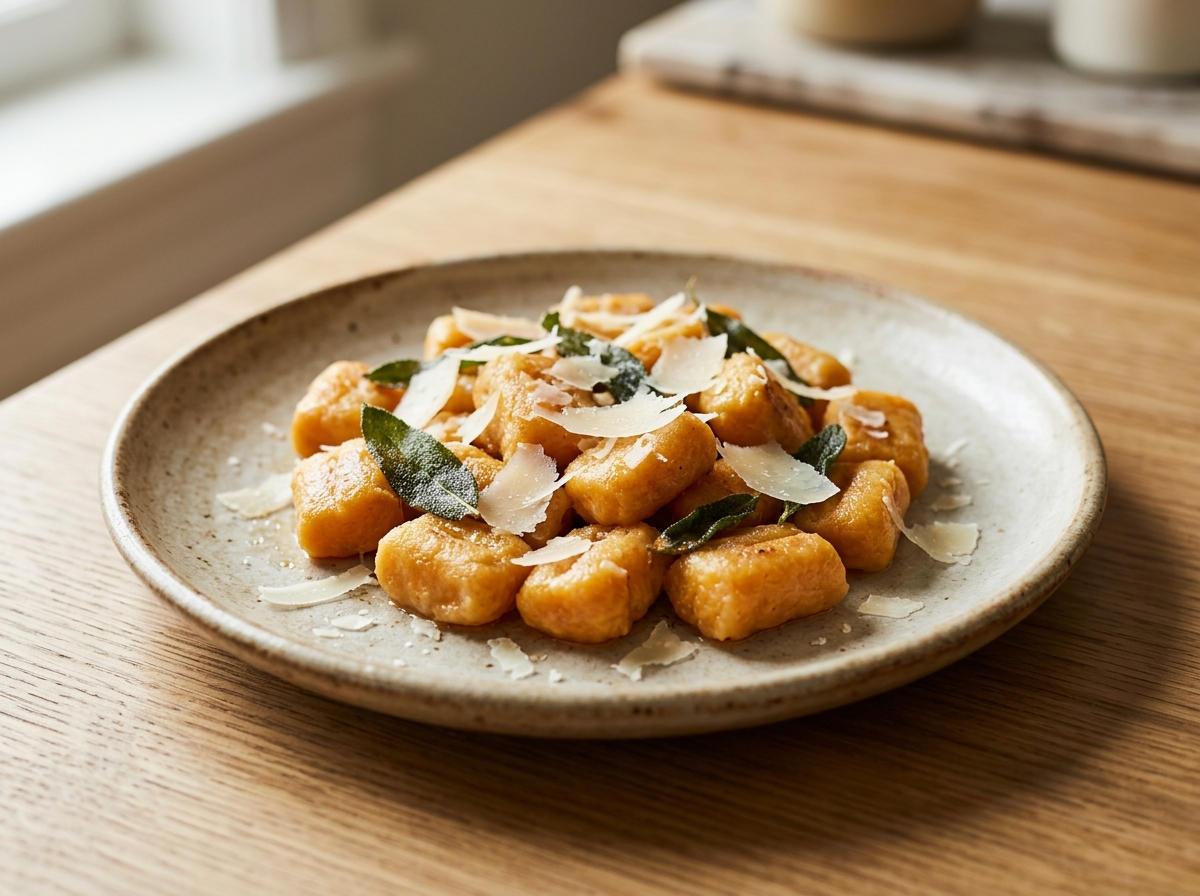 Golden gluten-free sweet potato gnocchi with crispy sage leaves and brown butter in a ceramic bowl