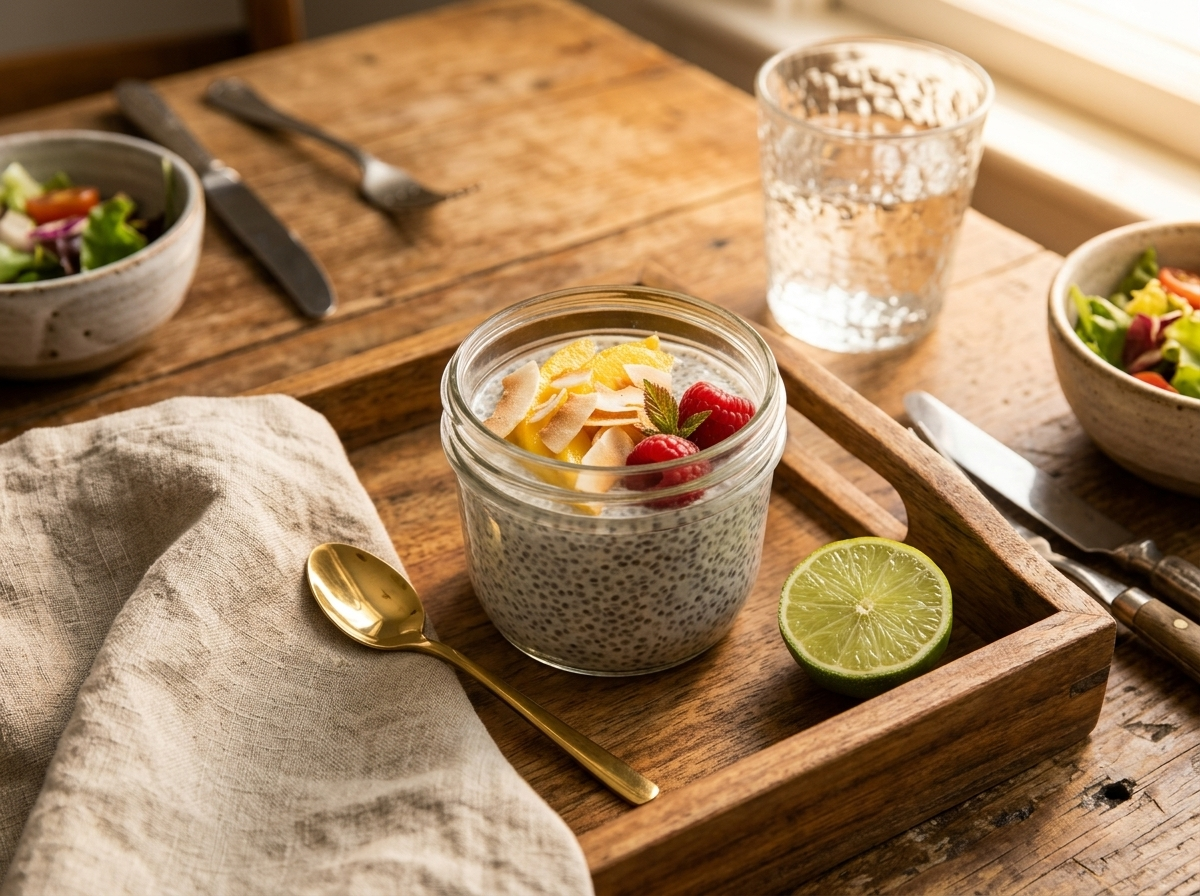 Single jar of set chia coconut pudding with mango topping on a wooden breakfast tray