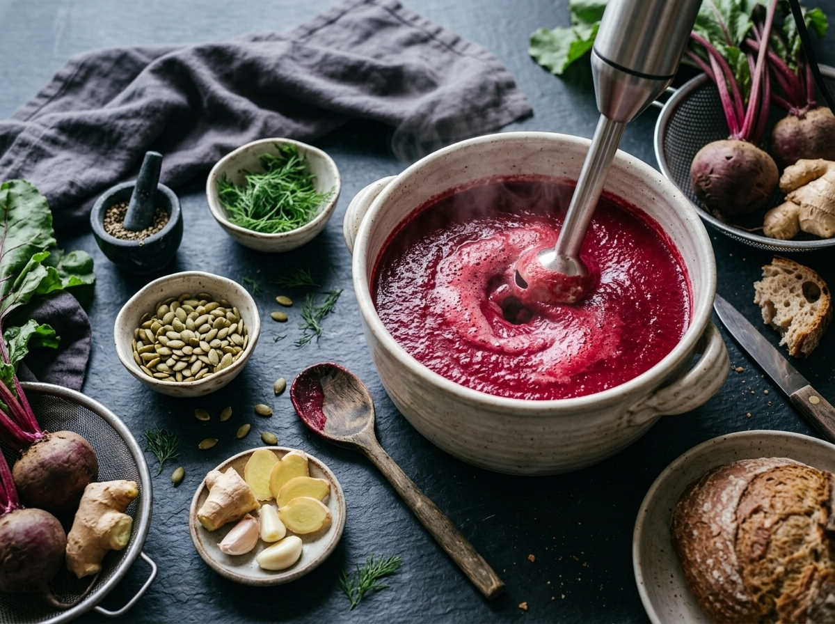 Immersion blender blending roasted beets and ginger broth in a large pot, vivid magenta soup mid-blend with steam rising