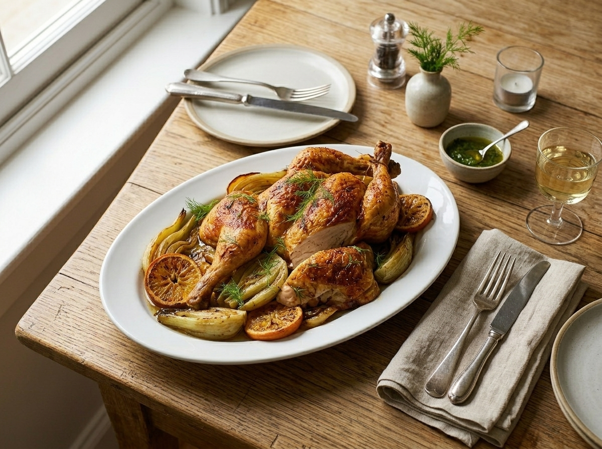 Carved fennel and orange roasted chicken plated on a white oval platter with roasted fennel wedges and a glass of white wine