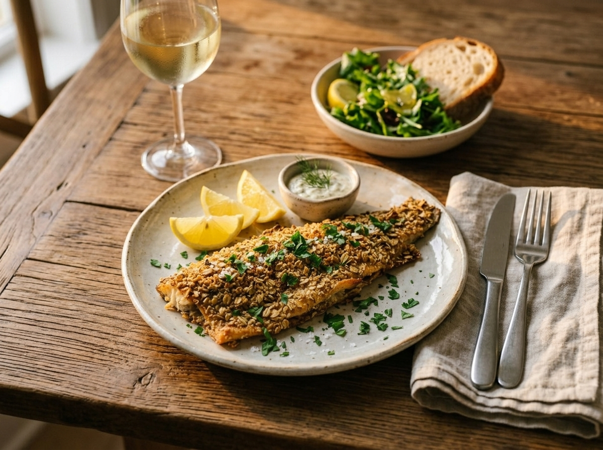 Plated oat crusted trout with green salad and dill yogurt on a wooden dining table