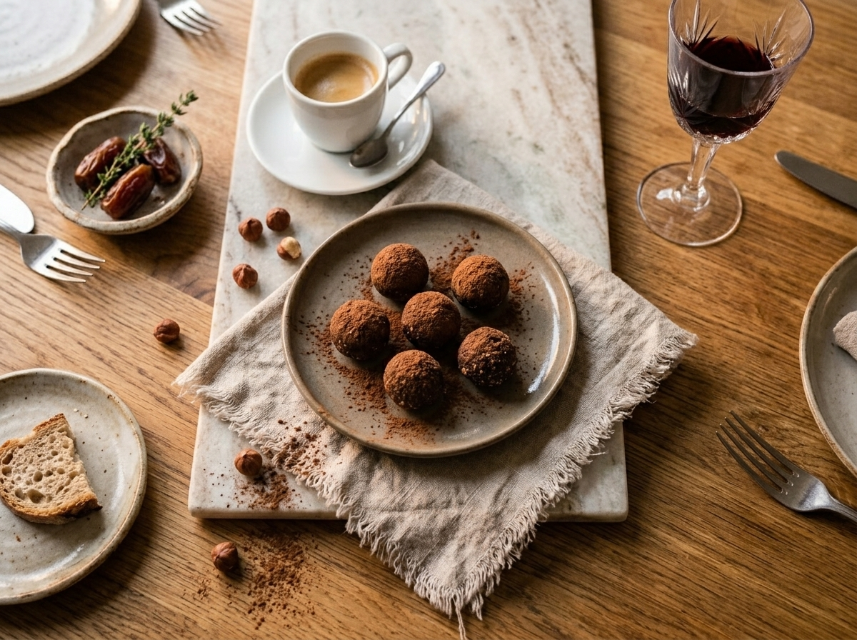 Five cacao hazelnut bliss balls on a ceramic plate beside an espresso cup on a marble surface