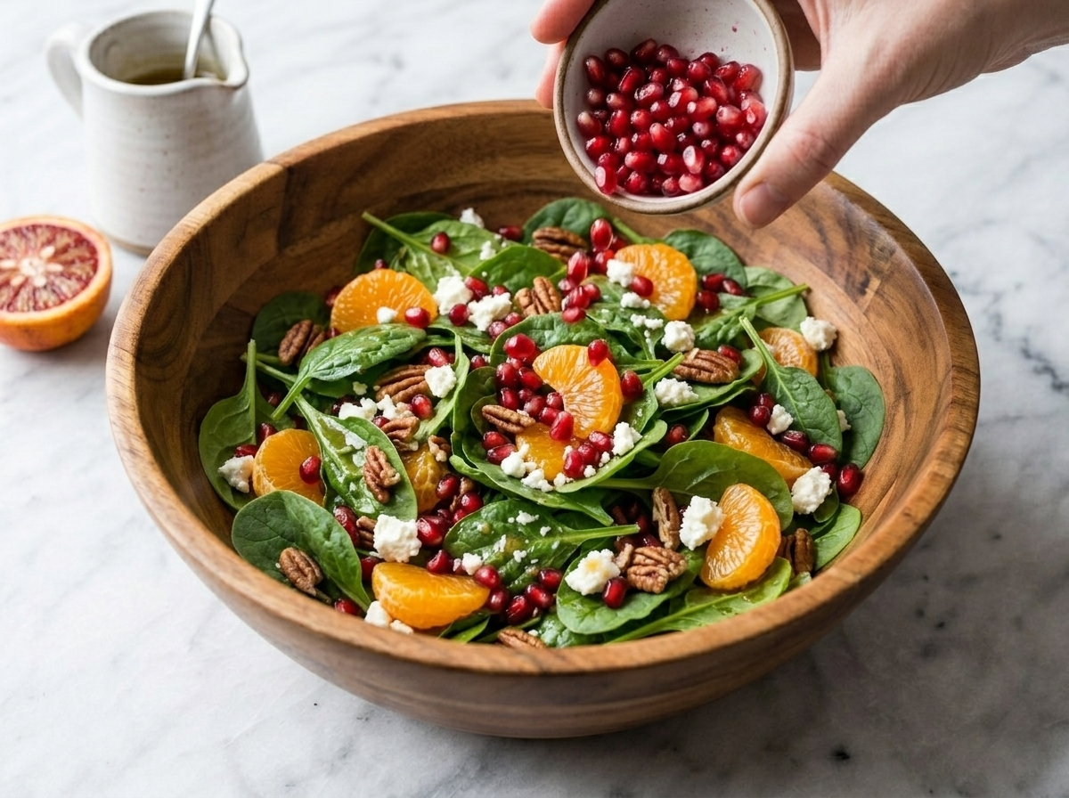 Hands scattering pomegranate arils over a fresh spinach and orange salad in a wooden bowl