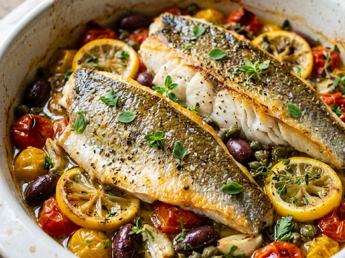 Mediterranean Baked Sea Bass with Olives