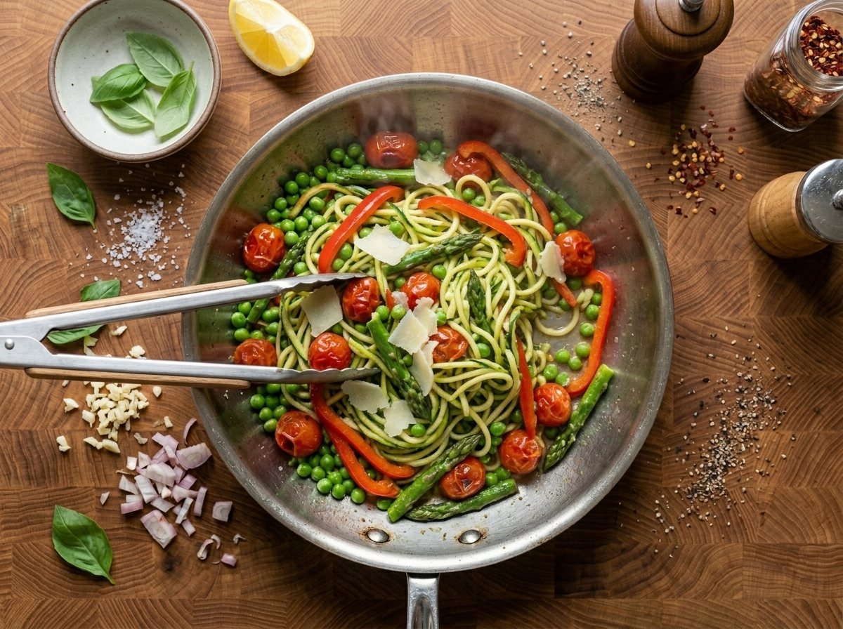 Zucchini noodles tossed with spring vegetables in a nonstick skillet over high heat during cooking