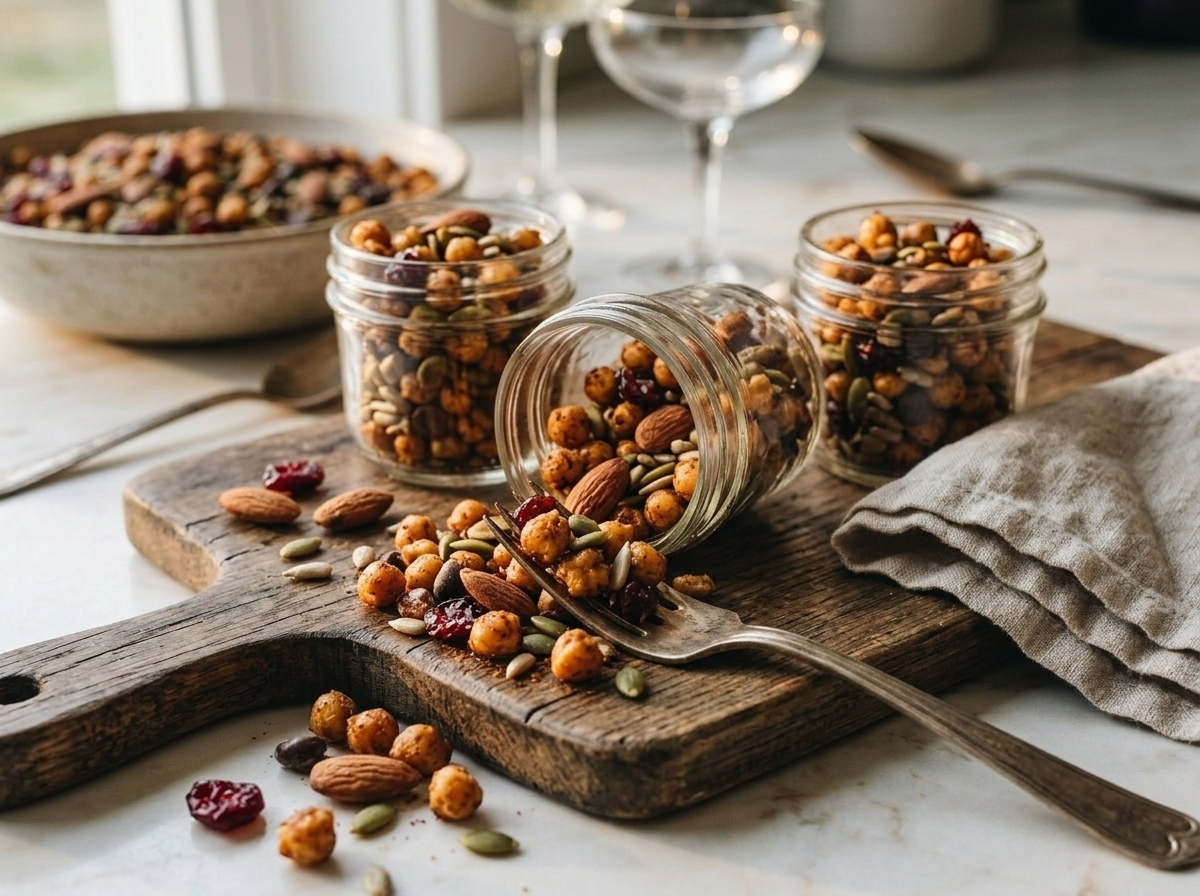 Portioned crispy spiced chickpea trail mix in small glass jars on a wooden board with scattered nuts and dried fruit