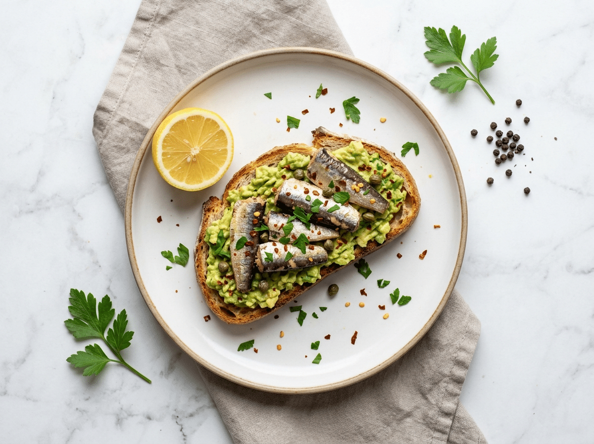 Two open-faced sardine avocado toasts on sourdough with chili flakes, capers, and parsley on marble surface