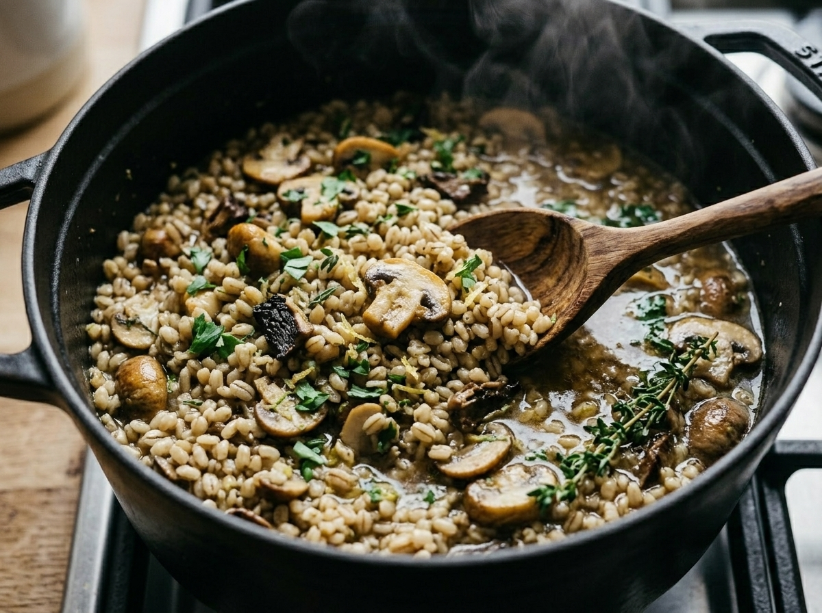 Pearl barley and cremini mushrooms simmering in a Dutch oven with thyme and vegetable stock