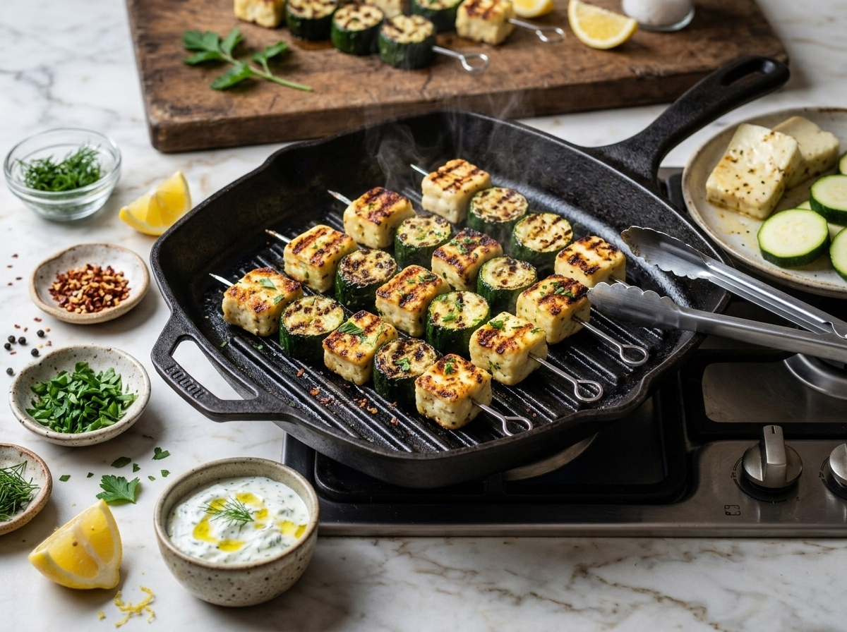 Halloumi and zucchini skewers sizzling on a cast iron grill pan with visible char marks forming on the cheese