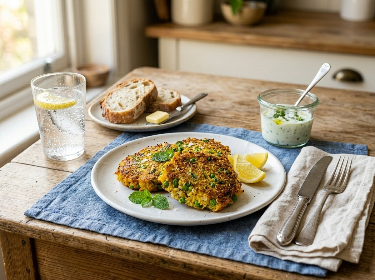 Plated turmeric cauliflower fritters with arugula salad, yogurt dip, and lemon on a linen table