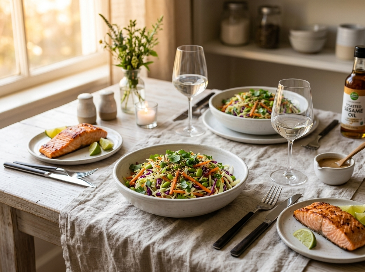 Two bowls of light Asian sesame slaw served next to grilled salmon on a linen-covered wooden dining table