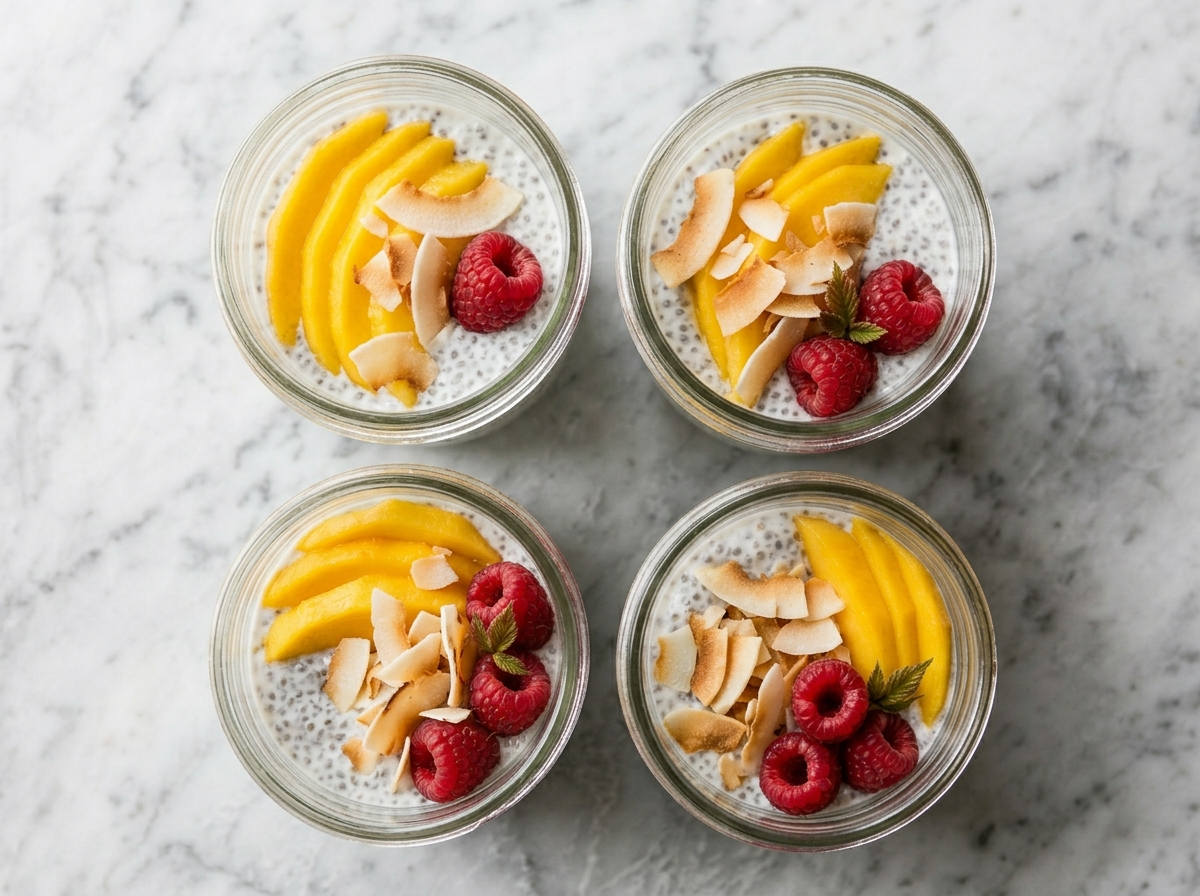 Four jars of chia coconut overnight pudding topped with mango slices and toasted coconut flakes on marble
