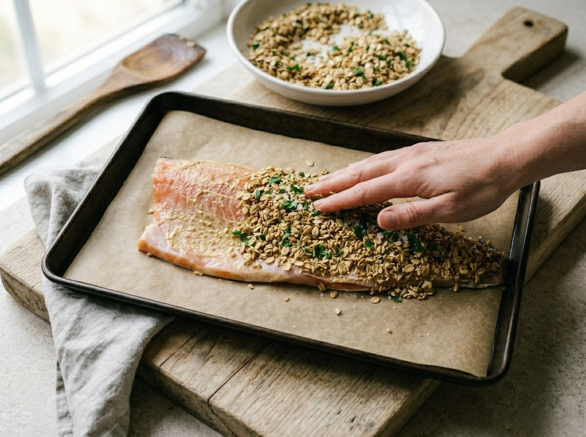 Pressing rolled oat crust firmly onto a Dijon-coated trout fillet on a parchment-lined sheet pan