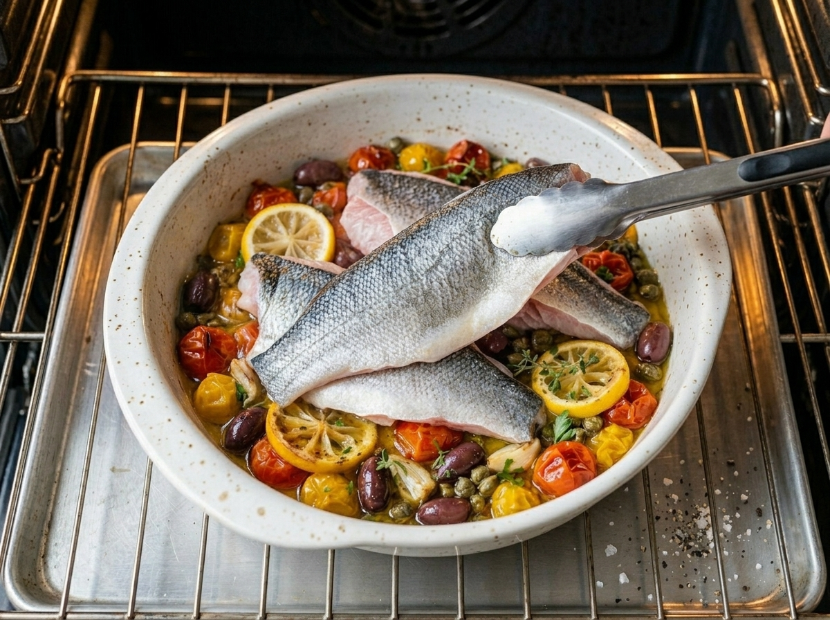 Sea bass fillets being placed skin-side up over a roasted tomato and olive base in a glass baking dish