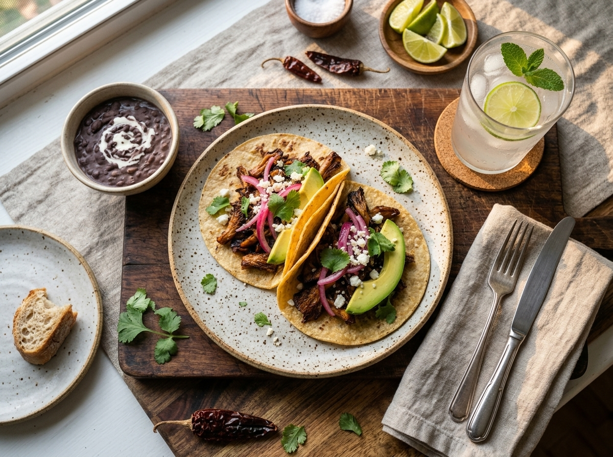 Plated smoky mushroom carnitas tacos on ceramic dish with lime wedges and agua fresca beside them