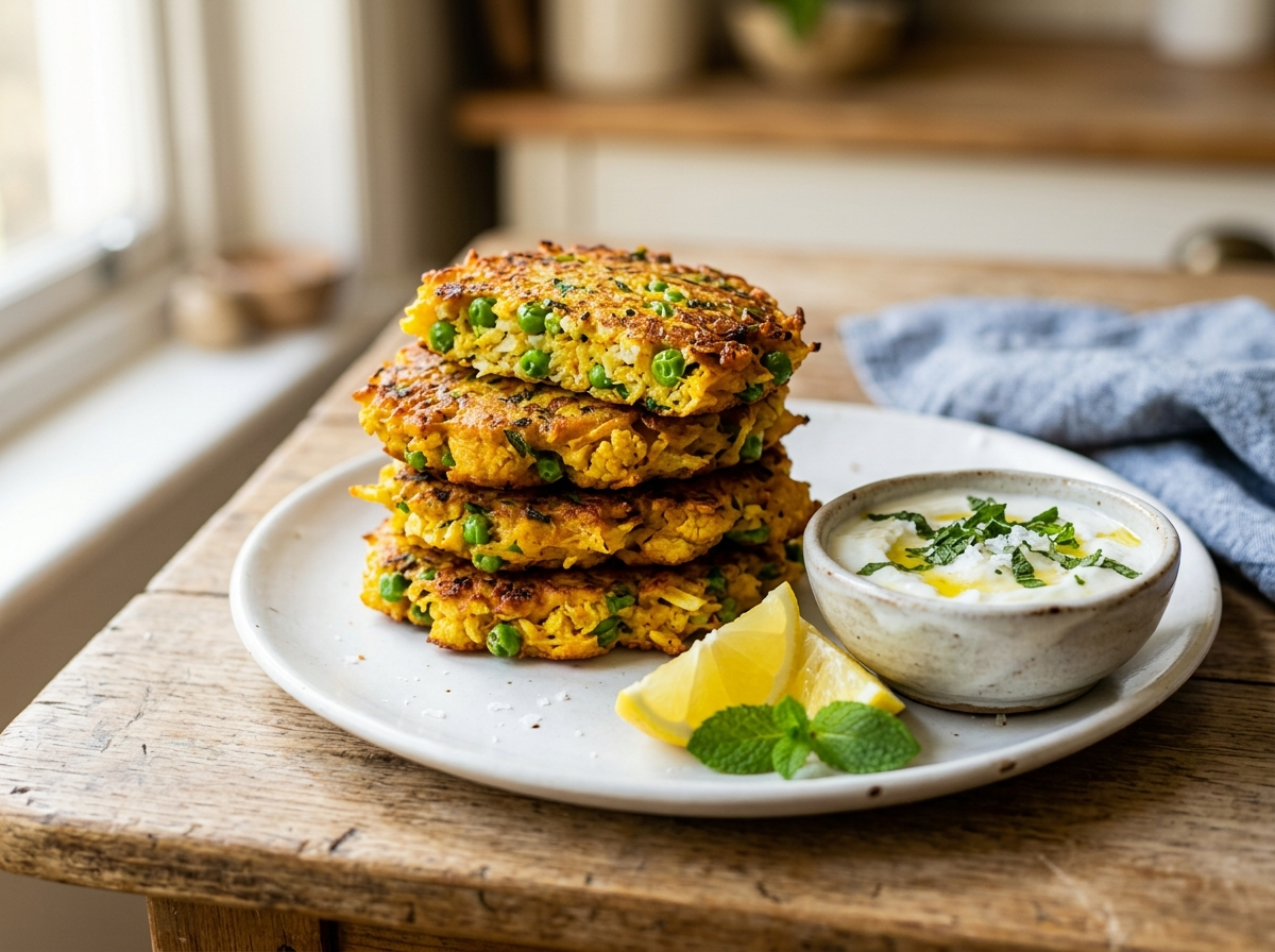Turmeric Cauliflower and Pea Fritters